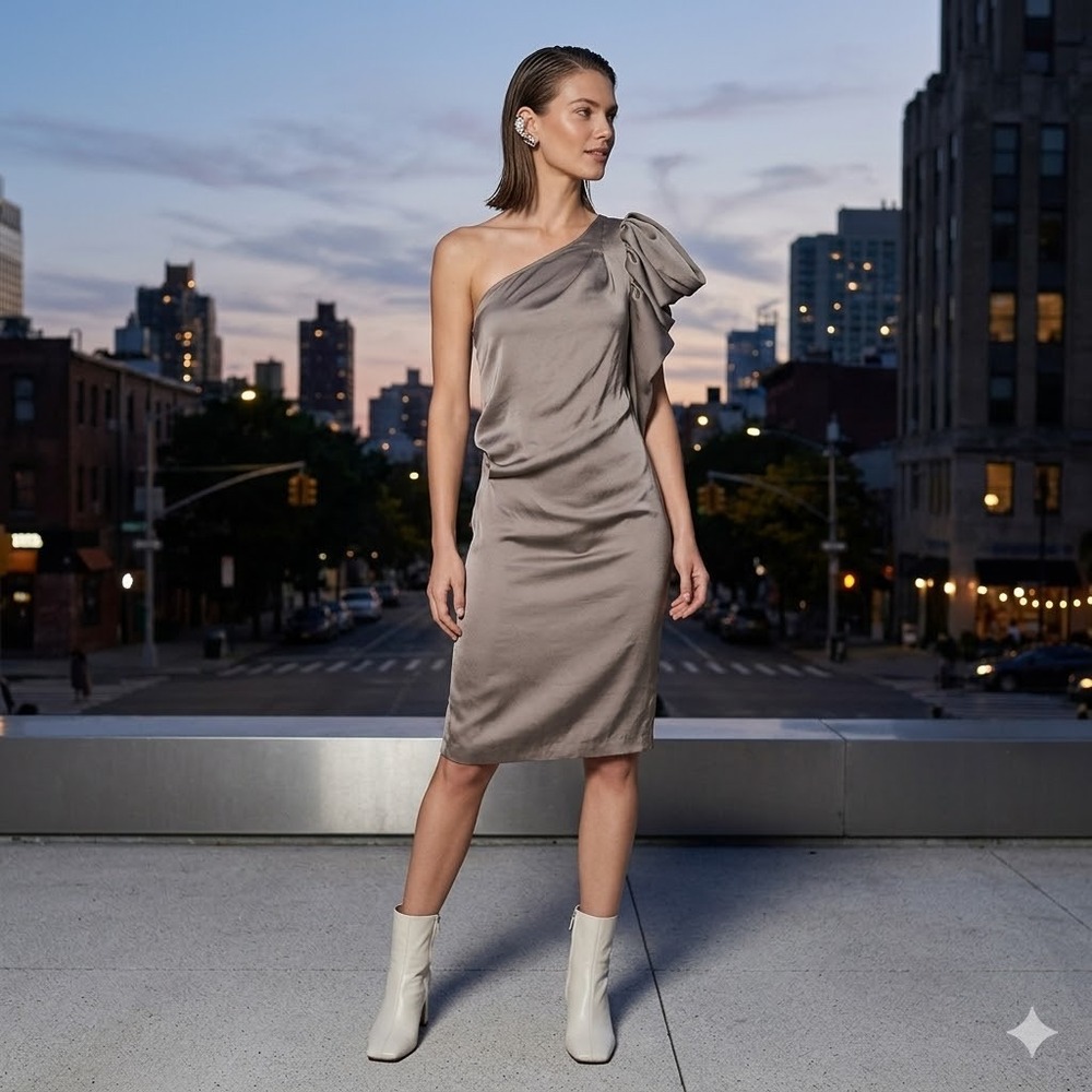BCBGMAXAZRIA One Shoulder Dress Womens Mulberry XS Ruffle Satin‎ Cocktail NWT